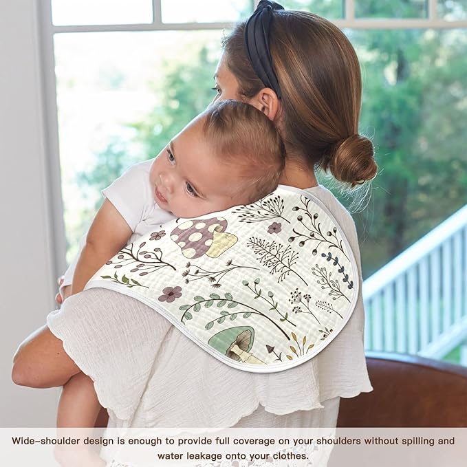 Moudou Mushroom Muslin Baby Burp Cloths 4 Pack, Super Absorbent Soft Cotton Burping Rags Feeding Bibs for Newborn Boys Girls