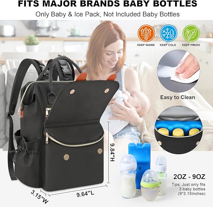 PIIOSER Diaper Bag Backpack with Ice Pack, Large Capacity & Waterproof Baby Travel Backpack Bag for Moms Dads, Insulated Baby Cooler Bag with Changing Pad, Stroller Straps & Pacifier Case, Black