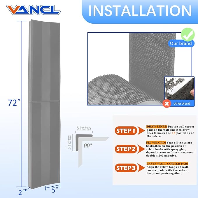 Light Grey Wal Corner Padding 2" Thick Wall Corner Safety Padding Heavy Duty Waterproof Durable 2 Sides Wall Corner Guards for Protector