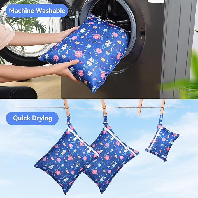 OTraki 3 Pack Waterproof Wet Dry Bag with Zippered & Handle Reusable Wet Clothes Bag Baby Cloth Diaper Wet Bags for Swimming Travel Beach Pool Gym,Drying Do Not Exceed 176℉ (Flower Pattern)