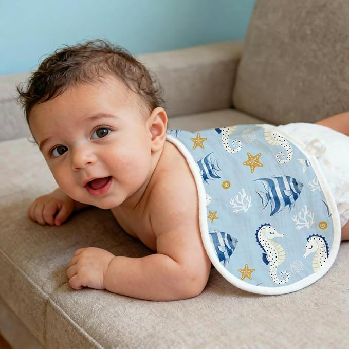 5-Pack Baby Burp Cloths for Boys,100% Muslin Cotton Super Absorbent Burping Rags, Ultra Soft Large Washcloths with Whale & Seahorse Ocean Prints, Newborn Essentials Gift Set