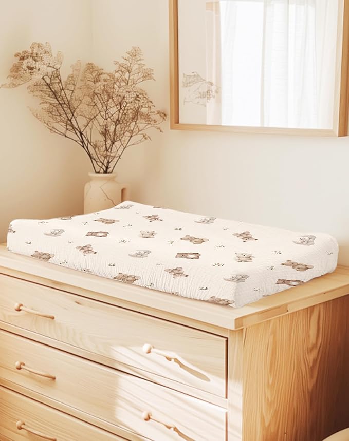 Changing Pad Cover for Baby Girls Boys, Muslin Changing Table Pad Covers with Boho Style, Neutral Color Soft and Breathable (Teddy)