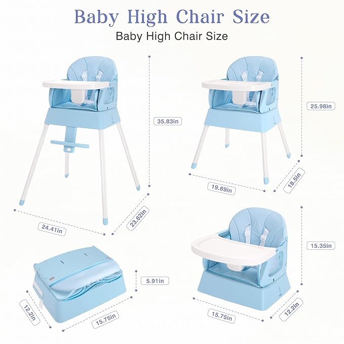5 in 1 Foldable Baby High Chair,Convertible Highchair for Babies and Toddlers-Portable Infant Booster Seat,Carry Small Box,Dining Chair,Toddler High Chair with 5-Point Harness,Removable Tray-Blue