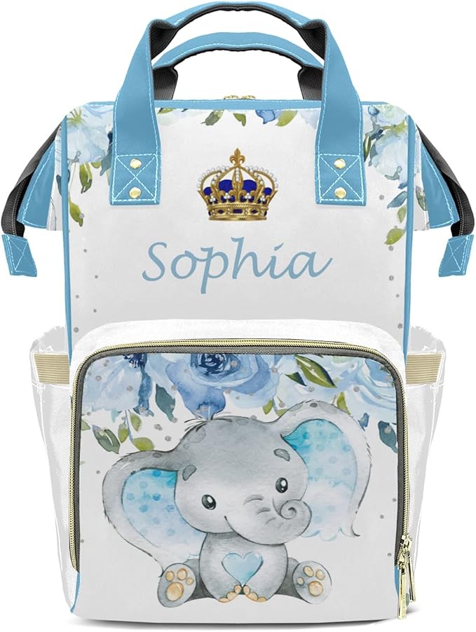 Watercolor Flower Elephant Cute Diaper Bag Baby Nappy Bag Daughter Multi-Function Custom Baby Bag Picnic Diaper Carrying Bag Unisex Gifts with Name