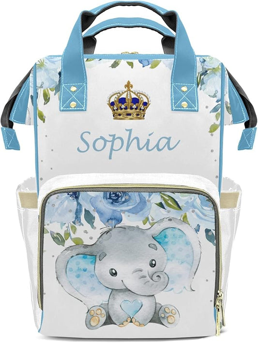 Watercolor Flower Elephant Cute Diaper Bag Baby Nappy Bag Daughter Multi-Function Custom Baby Bag Picnic Diaper Carrying Bag Unisex Gifts with Name