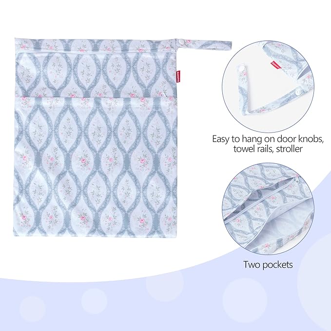 Damero 2 Pcs Wet Dry Bag for Cloth Diaper, Swimsuit, Clothes, Water-Resistant Reusable Wet Bag for Travel, Exercise, Beach, Pool, Daycare, Spiral Flowers