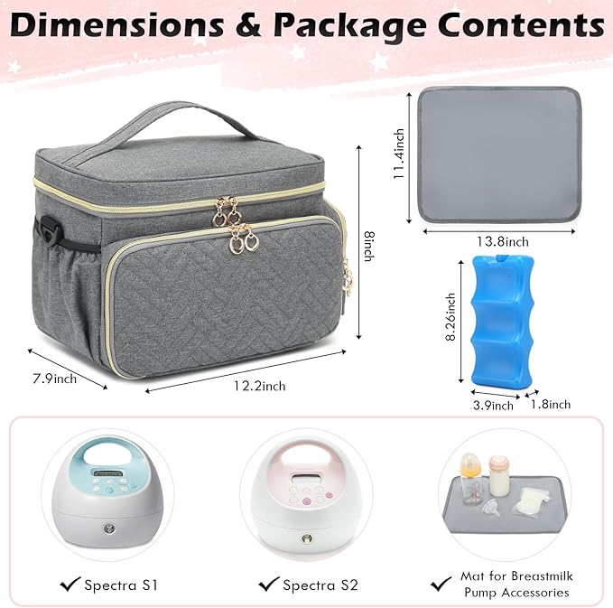 Breast Pump Bag Fit for Spectra S1 and S2 - Pumping Bag with Ice Pack & Waterproof Mat, Portable Breast Pump Storage Bag for Work, Travel and Family Use, Grey