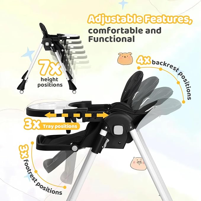 JOYMOR 4 in 1 Folding Baby High Chair for Babies to Toddlers, Infant Eating Foldable Highchair w/Leather Seat Cushion, 4-Position Removeable & Adjustable Tray, 5-Point Harness (Black)