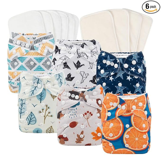 Babygoal Baby Reusable Neutral Cloth Diapers 6 Pack with 10pcs Inserts, One Size Adjustable Washable Pocket Nappy Covers for Baby Boys and Girls