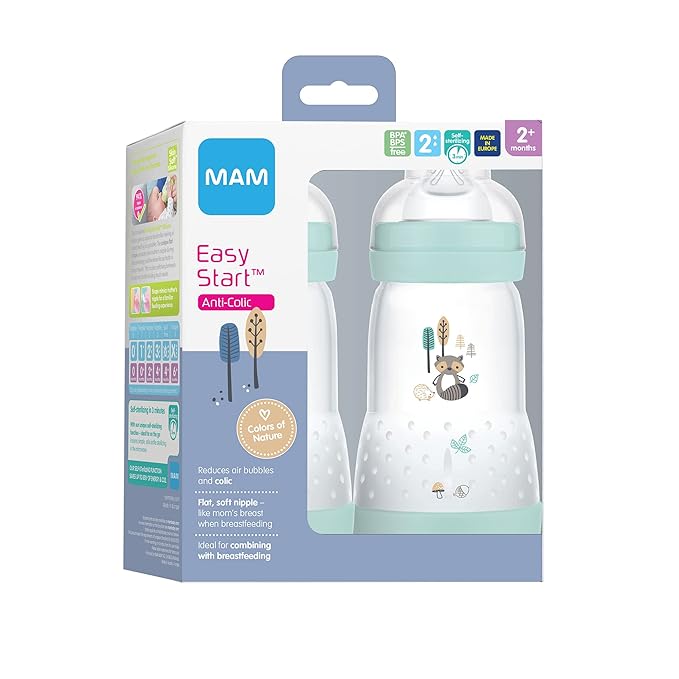 MAM Easy Start Anti-Colic Bottle 9 oz (3-Count), Baby Essentials, Medium Flow Bottles & Easy Start Matte Anti-Colic Baby Bottles, Medium Flow Nipples, Baby Boy, 9 oz (2 Count)