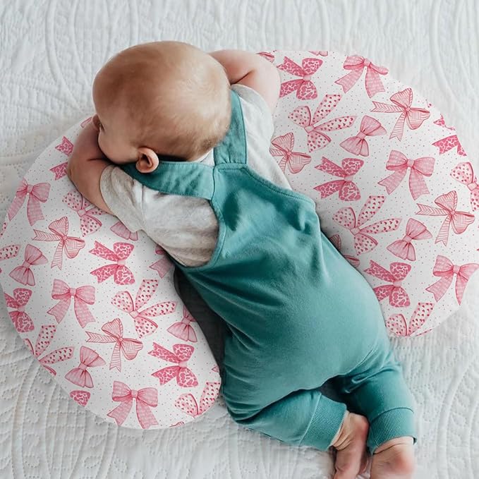 Pink Bows Baby Nursing Pillow Covers for Girl Pink Hair Bows Leopard Stripes Nursing Slipcovers for Breastfeeding Pillows Valentine Hearts Love Soft Stretchy Removable Cover for Newborn Infant