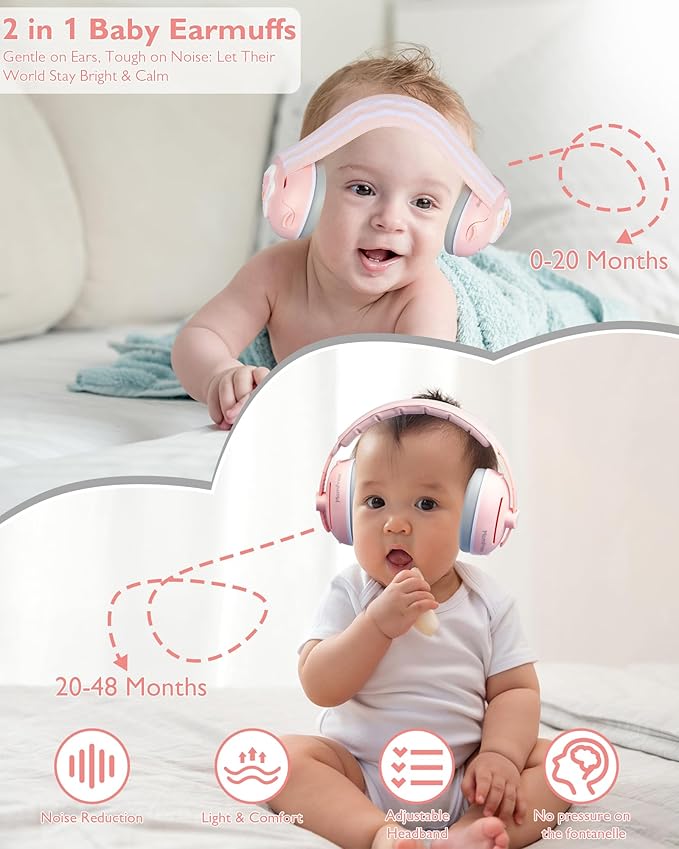 2 in 1 Baby Ear Muffs, Noise Reduction Earmuffs & Adjustable Headband for Baby, Hearing Protection Headphones