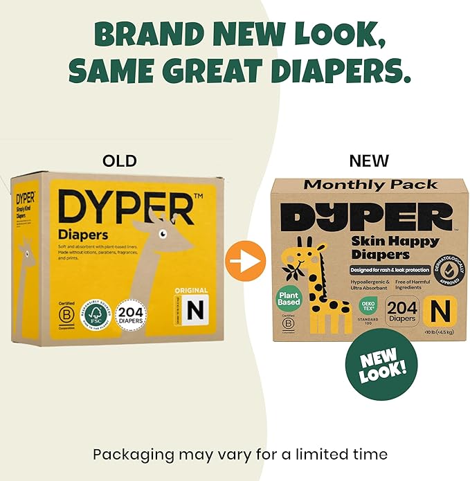 DYPER Monthly Pack Newborn Baby Diaper Under 10 lbs 204 Count - Leak-Proof & Plant Based, Hypoallergenic and Ultra Absorbent Newborn Diapers for Day and Overnight Skin Protection (Packaging May Vary)
