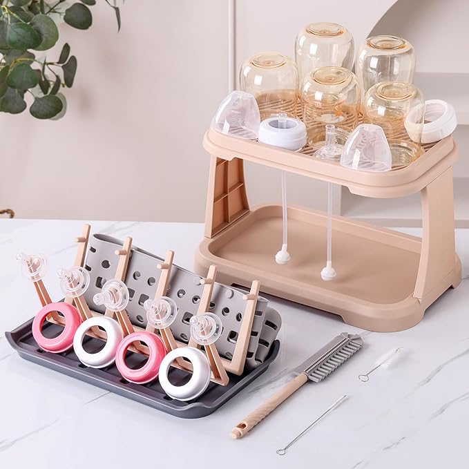 Baby Bottle Drying Rack with Brush & Dishwasher Basket - Space Saving Standing Drying Rack for Baby Bottles, Pump Parts & Accessories, Compact Organizer Holds Up to 8 Bottles (Pink Lotus Root)