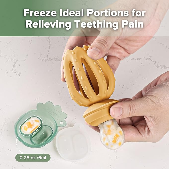 Haakaa Octopus Baby Fruit Food Feeder & Mini Freezer Nibble Tray Combo, Breastmilk Popsicle Molds for Cooling Relief, BPA Free Silicone Feeder for Safe Infant Self Feeding, 4 Month+（Mustard）