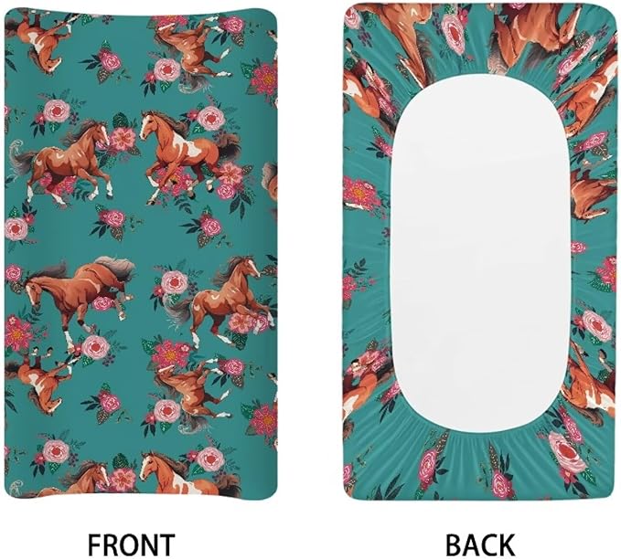 Floral Horse Changing Pad Covers Ultra Soft Stretch Diaper Change Table Pad Cover Infant Changing Mat Sheets Table Covers for Boys Girls