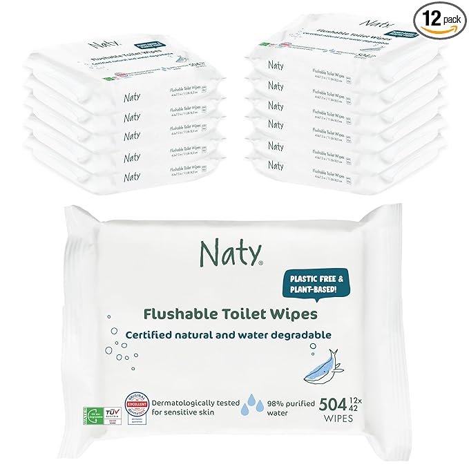 Naty Flushable Baby Wipes | 98% Water, Hypoallergenic & Natural for Sensitive Skin | Unscented, Fragrance-Free, Plant-Based | Plastic-Free, Water-Degradable | Newborn & Toddler | 504 Count (12 Packs)