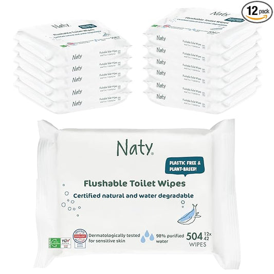 Naty Flushable Baby Wipes | 98% Water, Hypoallergenic & Natural for Sensitive Skin | Unscented, Fragrance-Free, Plant-Based | Plastic-Free, Water-Degradable | Newborn & Toddler | 504 Count (12 Packs)