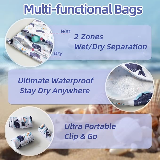 3 PCS Waterproof Wetbag, Wet Bags for Baby Cloth Diapers and Soiled Clothes, Reusable Wet Bag for Swimsuit and Towels with Double Zipper Pockets, Travel Beach Pool Essentials
