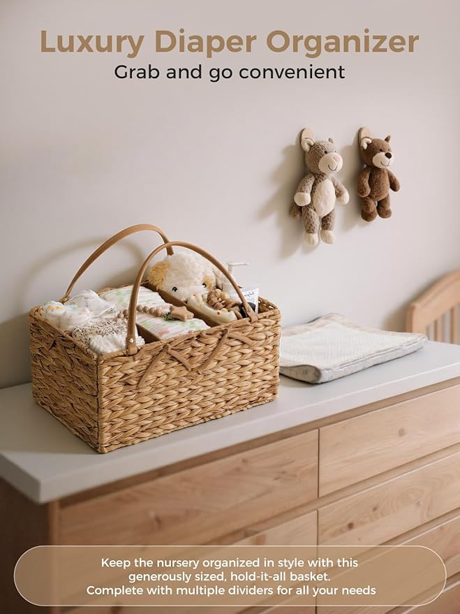 Diaper Caddy Organizer, Hand Rattan Nursery Storage Basket for Baby Essentials, Baby Changing Table Organizer Perfect Nursery Assistant, Easy Assemble (Natural Light, L)