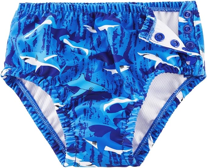Baby Swim Diapers Reusable Washable Infant Diaper Swimsuit with Side Snap UPF 50+ Sun Protection for Pool Beach(6-12 Months,Sharks)
