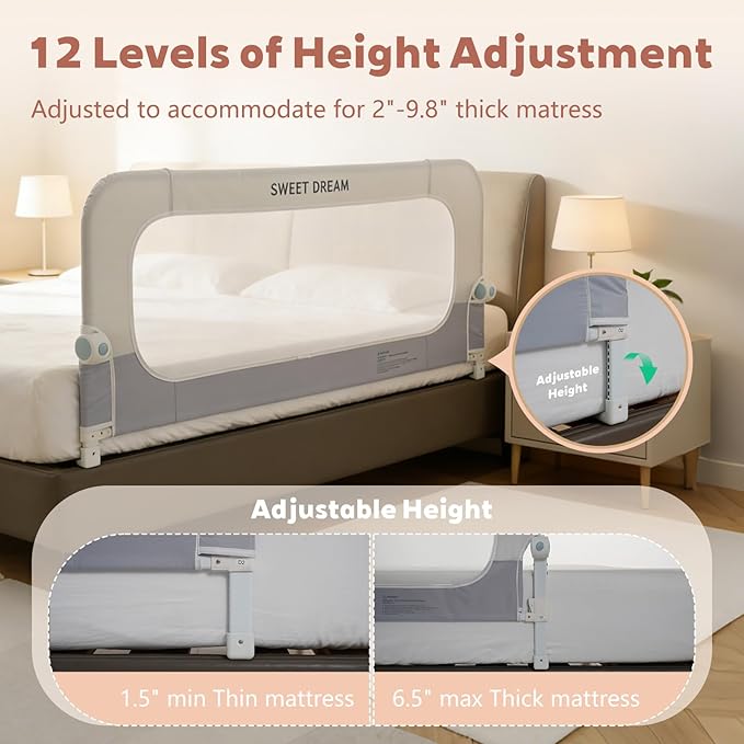 Bed Rail for Toddlers, 47in Folding Toddler Bed Rail Guard with Reinforced Anchor System & Sturdy Metal Frame, Portable Bed Railing for Baby Fits Crib,Twin, Queen & King Bed, Breathable Mesh