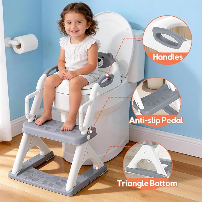 Potty Training Seat with Step Stool Ladder, Toddler Toilet Seat for Boys Girls, Adjustable 6 Heights Fits Round & Elongated Toilets, Anti-Slip Pads & Leak-Proof Guard