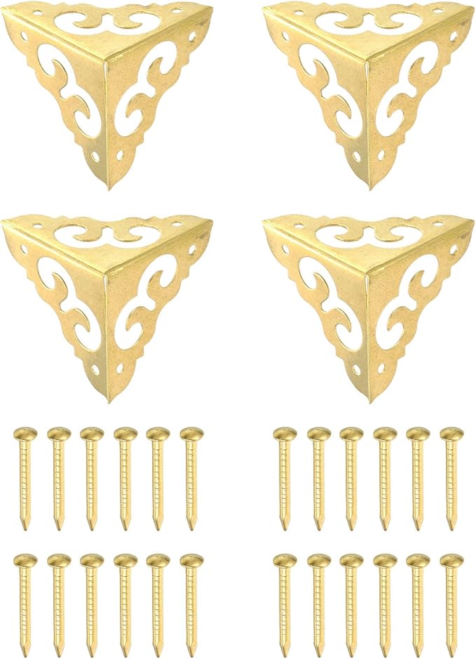 uxcell 4 Pcs Brass Edge Guard, 30mm Decorative Box Corner Cover, Corner Protector, Vintage Stair Dust Corners with Screws, Gold