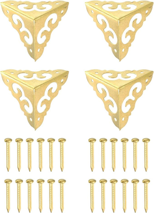 uxcell 4 Pcs Brass Edge Guard, 30mm Decorative Box Corner Cover, Corner Protector, Vintage Stair Dust Corners with Screws, Gold