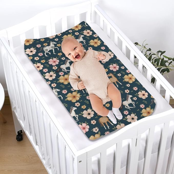 Changing Pad Covers Watercolor Horse Floral Baby Diaper Changing Pad Cover for Boys Girls Soft Breathable Stretch Fitted Diaper Change Table Pad Covers 32''x16'' Navy