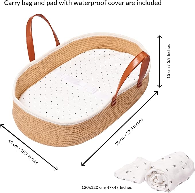 Moses Basket for Babies with Muslin Blanket | Changing Basket for Baby Dresser | Portable Basket for Your Baby’s Needs | Baby Changing Basket with Pad | Woven Basket for Travel & Nursery