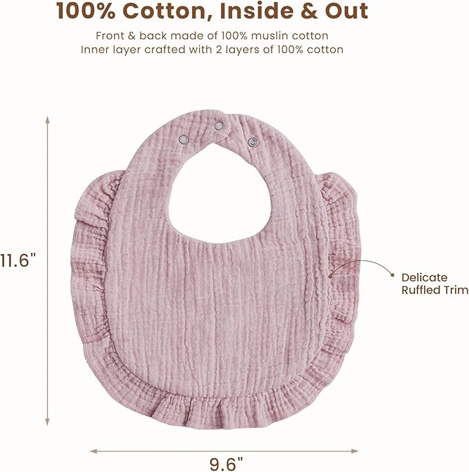 Konssy Muslin Baby Bibs for Girls – Soft 100% Cotton Drool Bibs, Ruffle Trim for Newborns & Toddlers 0-36 Months 3-Pack
