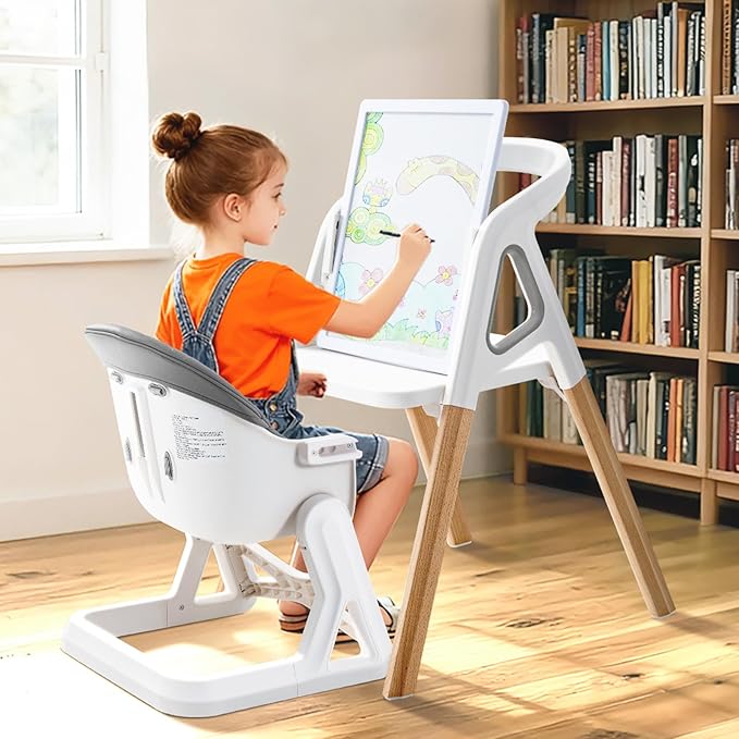 Baby High Chair, Babies and Toddlers Convertible Slim High Chair with 6 Growing Stages from Infant to Toddler Seating with Removable Tray, Easy to Clean,Gray Cushion