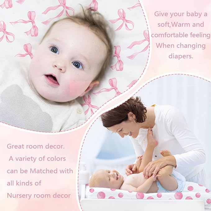 2 Pack Baby Changing Pad Covers, Changing Table Cover for Girls, Pink Bow Changing Pad Covers 32'' x 16'' Safe Snug Fitted Diaper Table Sheet Fits Standard Changing Tables and Dressers(Bassinet)