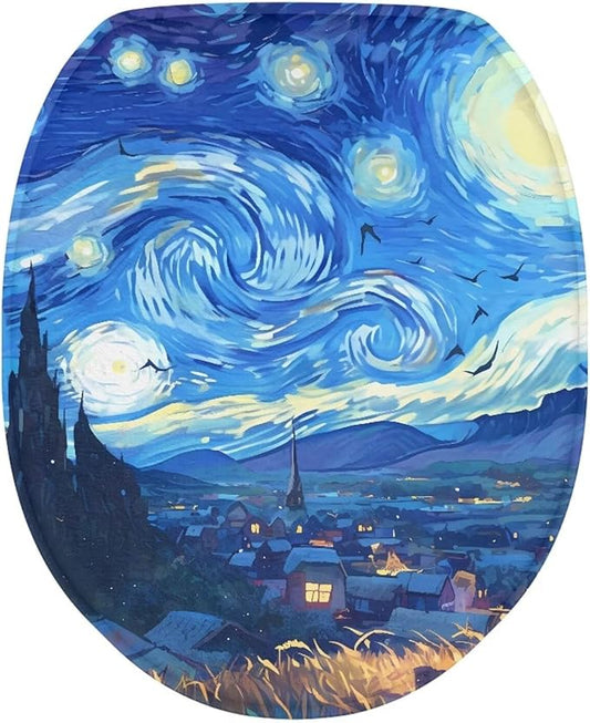 Starry Night Print Toilet Lid Cover Flannel Fabric Toilet Cover Set Stretch Washable Protector Cover Suitable for Home School Hotel Dormitory Apartment Bathroom Decoration