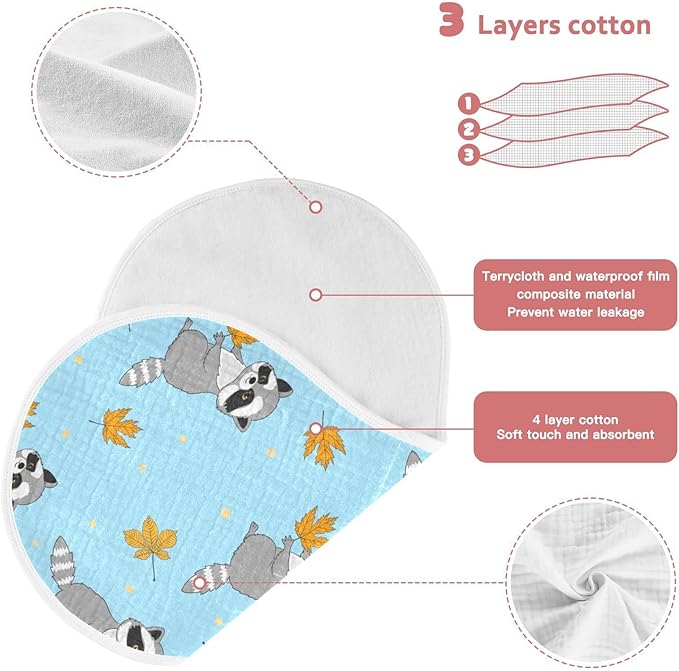 Raccoons Autumn Leaves Pattern Muslin Burp Cloths for Baby 2 Pack 100% Cotton Baby Washcloths Bibs for Boy Girl
