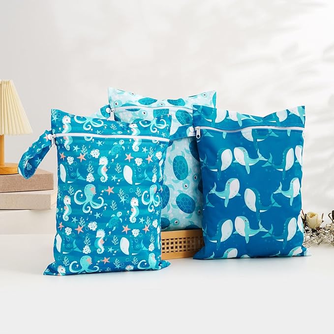 Happy Flute 3 Set Wet Bag Storage Bag Zipper Waterproof Washable Travel Bags, Beach, Pool, Gym Bag for Cloth Diaper, Swimsuits & Wet Clothes for Baby,11.8x15.7inch