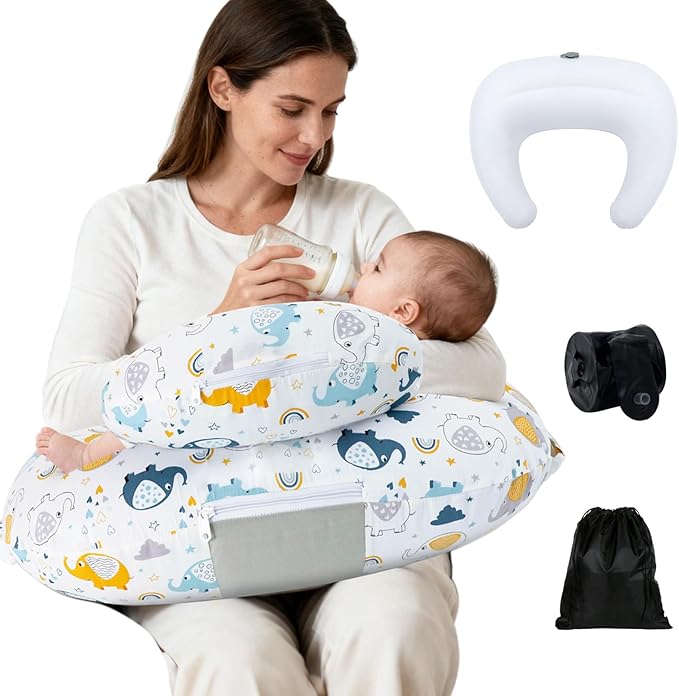 KAKIBLIN Nursing Pillow, Inflatable Breastfeeding Pillows, Hands-Free Feeding Pillow for Back Pain Relief with Waist Strap, Travel Nursing Pillow, Breastfeeding Bottle Support for Baby Girl Boy