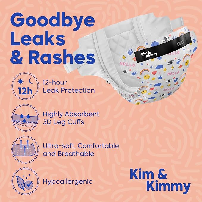 Kim & Kimmy Eco Diapers, Size 2, 9-18 lbs, 72 Diapers - 12 Hour Leak Protection, No Rashes, Hypoallergenic, Ultra-Soft & Highly Absorbent - Cruelty Free & Vegan - Funny Icons