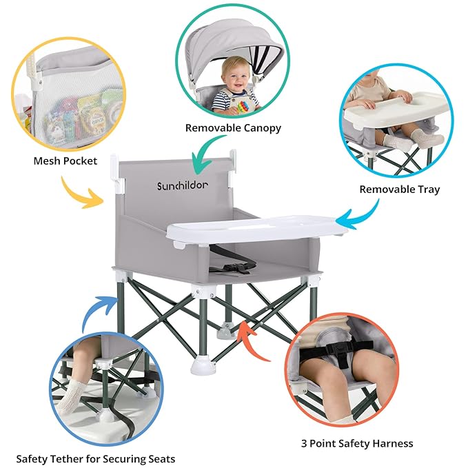 Portable Baby Booster Seat with Removable Tray & Canopy - 3 Point Safety Harness, Compact Fold for Travel, Indoor Outdoor Use for Infants & Toddlers, Gray
