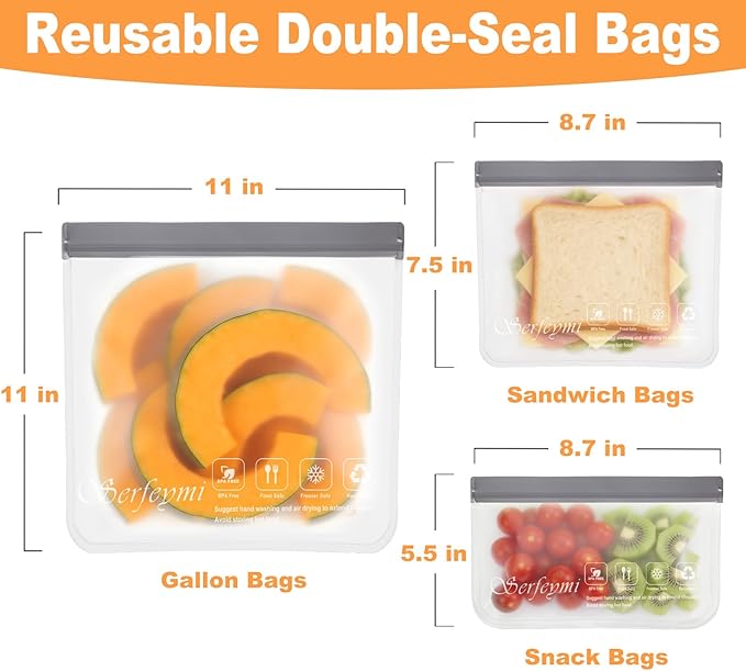 Serfeymi 10 Pack Reusable Gallon Freezer Bags Dishwasher Safe, Extra Thick Reusable Plastic Bags BPA Free, Leak Proof Food Storage Bags with 3 Sizes for Meat, Travel - 2 Gallon 4 Sandwich 4 Snack