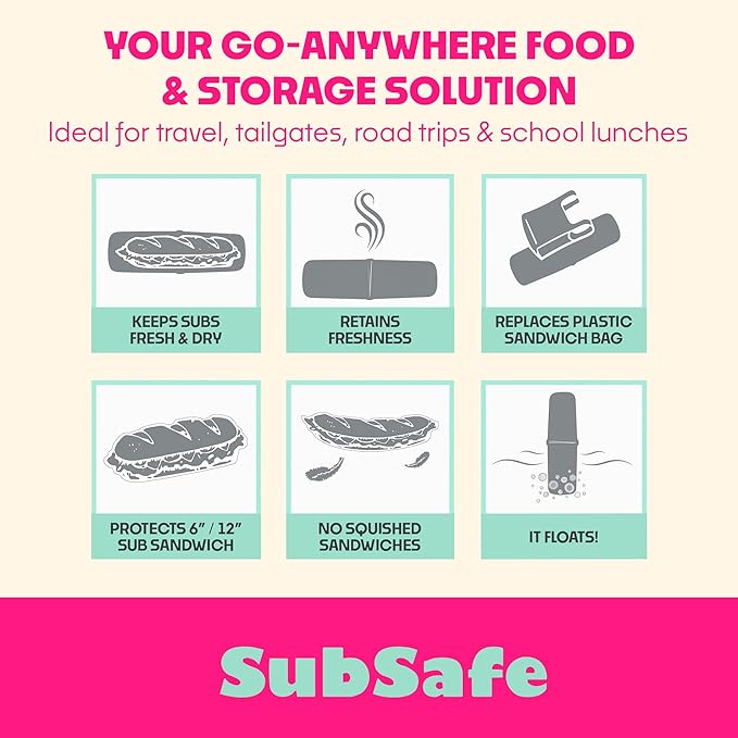 SubSafe 3-Piece BPA-Free Sub Sandwich Container - As Seen on Shark Tank - Waterproof, Crushproof Food Storage that Floats - Fits 6 & 12 in Subs - Great for Travel, Beach, Camping