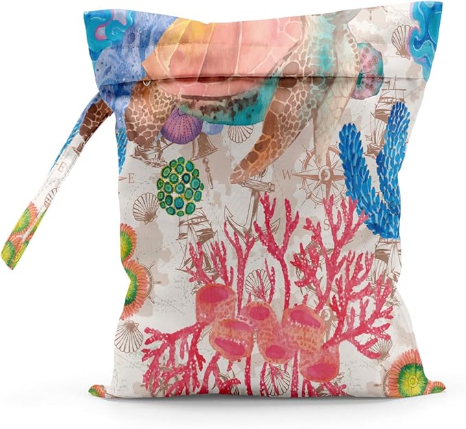 Wet Bag Waterproof Reusable Wet Dry Bag for Beach, Travel, Pool, Gym Bag for Swimsuits, Wet Clothes, Cloth Diapers, Wet Bags for Baby, Sea Turtle Gifts for Women Ocean Animals Coral Reef Decor