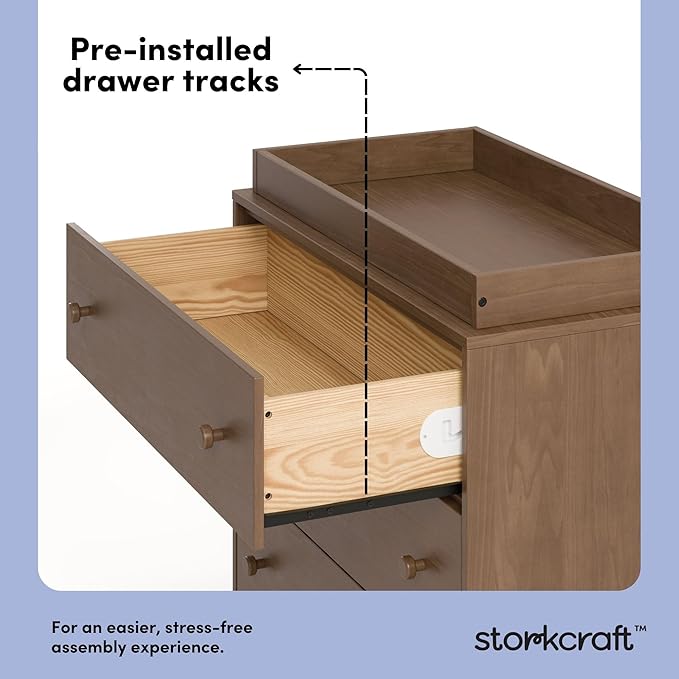 Storkcraft Texas 3 Drawer Chest with Removable Changing Table Topper (Hazelnut) – GREENGUARD Gold Certified Baby Dresser, Interlocking Drawer System for Nursery & Kids’ Bedroom Dresser