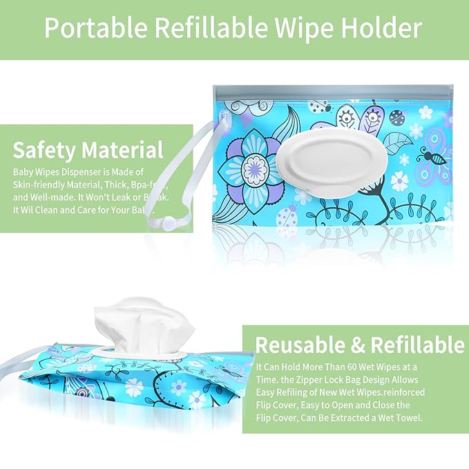 Baby Wipes Dispenser, 2 Pcs Travel Baby Wipe Holder, Refillable Baby Wet Wipe Pouch, Reusable Baby Wipes Container, Portable Wipe Dispenser, Wipe Bags for Travel, blue purple Floral
