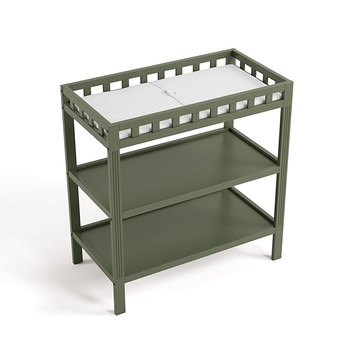 Storkcraft Morningside Changing Table (Olive) – GREENGUARD Gold Certified Baby Changing Table, Includes Waterproof Diaper Changing Pad, Easy 30-Minute Assembly, 2 Open Shelves for Storage