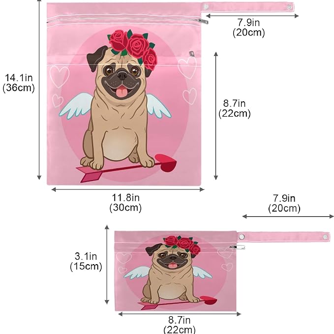 visesunny Valentines Bulldog Angle With Rose Heart 2Pcs Wet Bag with Zippered Pockets Washable Reusable Roomy for Travel,Beach,Pool,Daycare,Stroller,Diapers,Dirty Gym Clothes, Wet Swimsuits, Toiletrie