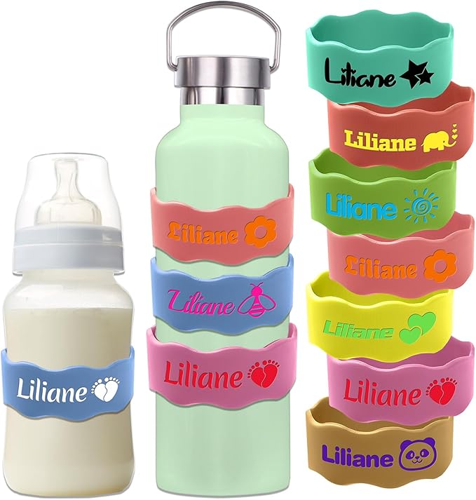Custom Baby Bottle Labels for Daycare Silicone Water Bottle Name Bands Personalized Reusable Baby Bottle Straps for Kids Cups School(Blue)