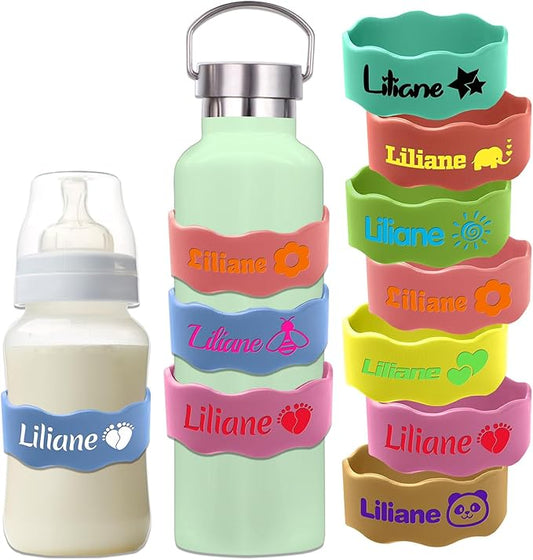 Custom Baby Bottle Labels for Daycare Silicone Water Bottle Name Bands Personalized Reusable Baby Bottle Straps for Kids Cups School(Blue)