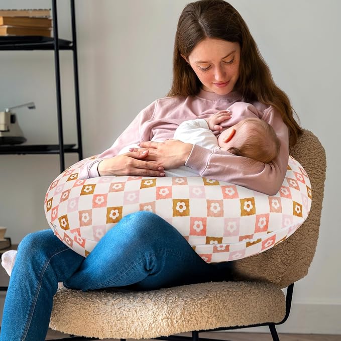 Nursing Pillow Covers 2 Pack, Orange Minky Dots Breastfeeding Pillow Slipcover for Baby Boys Girls, Ultra Comfortable Nursing Pillow Protector, Soft and Machine Washable, Flower Checkerboard
